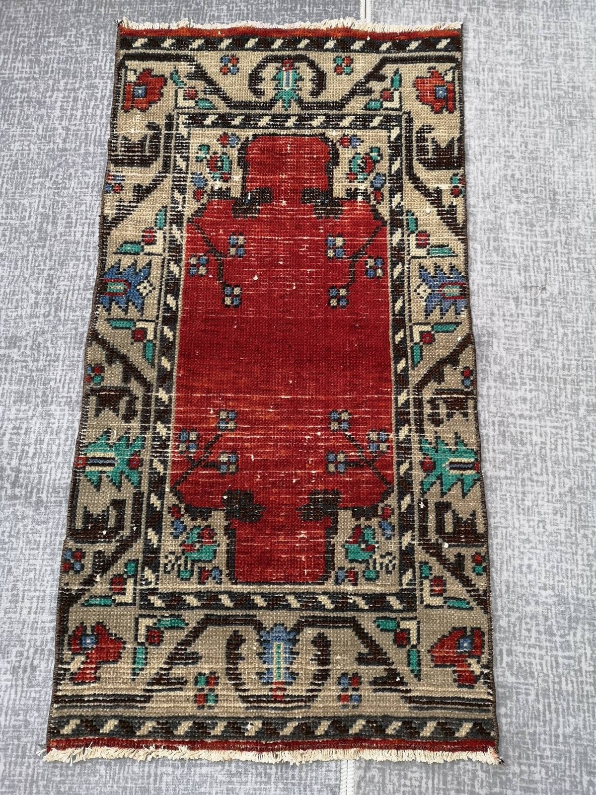 Red Turkish Rug, Small Vintage Decor Rug (1.9 x 3.8 ft)