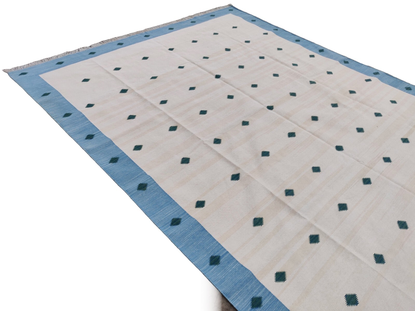 Handmade Cotton Area Flat Weave Woven Rug, Cream & Blue Indian Diamond Dhurrie