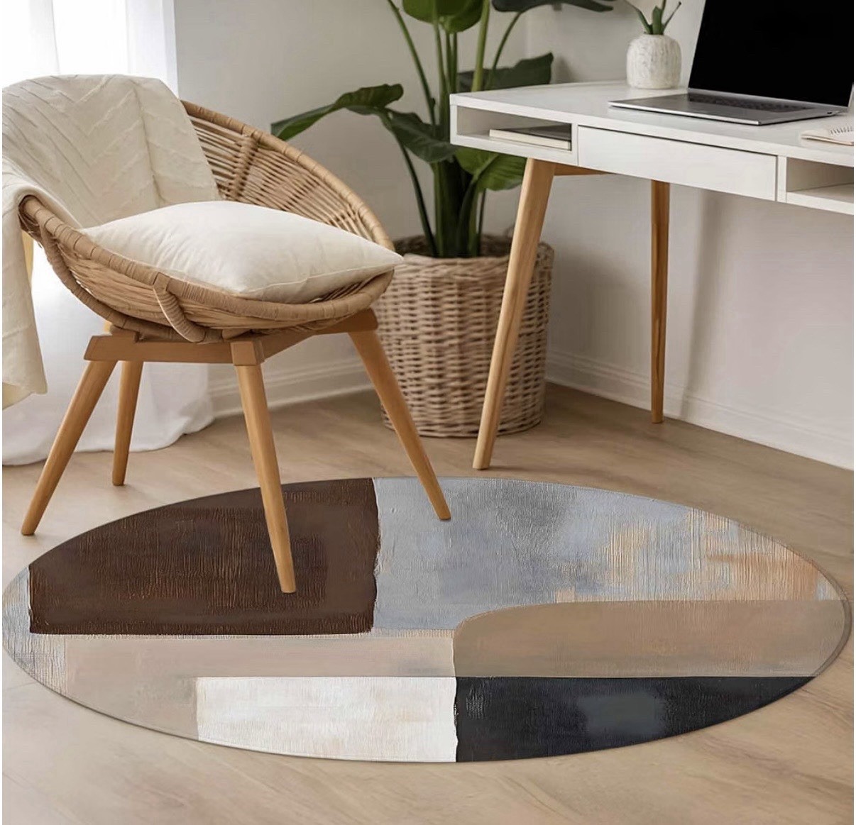 3.3’ Round Abstract Area Rug Brown Black White Washable Non-Slip Modern NEW