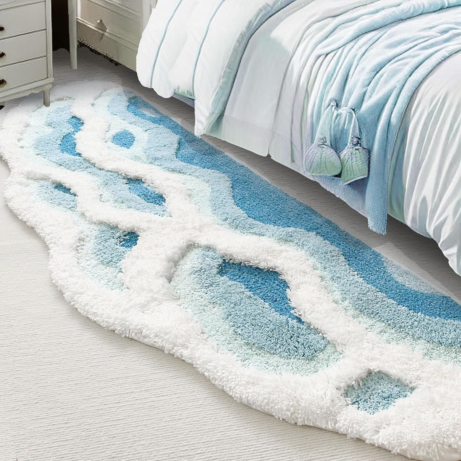 Soft Shag 3D Stereo Wave Moss Bedside Rug 20″×36″ Cute Navy Blue Runner Rug Non