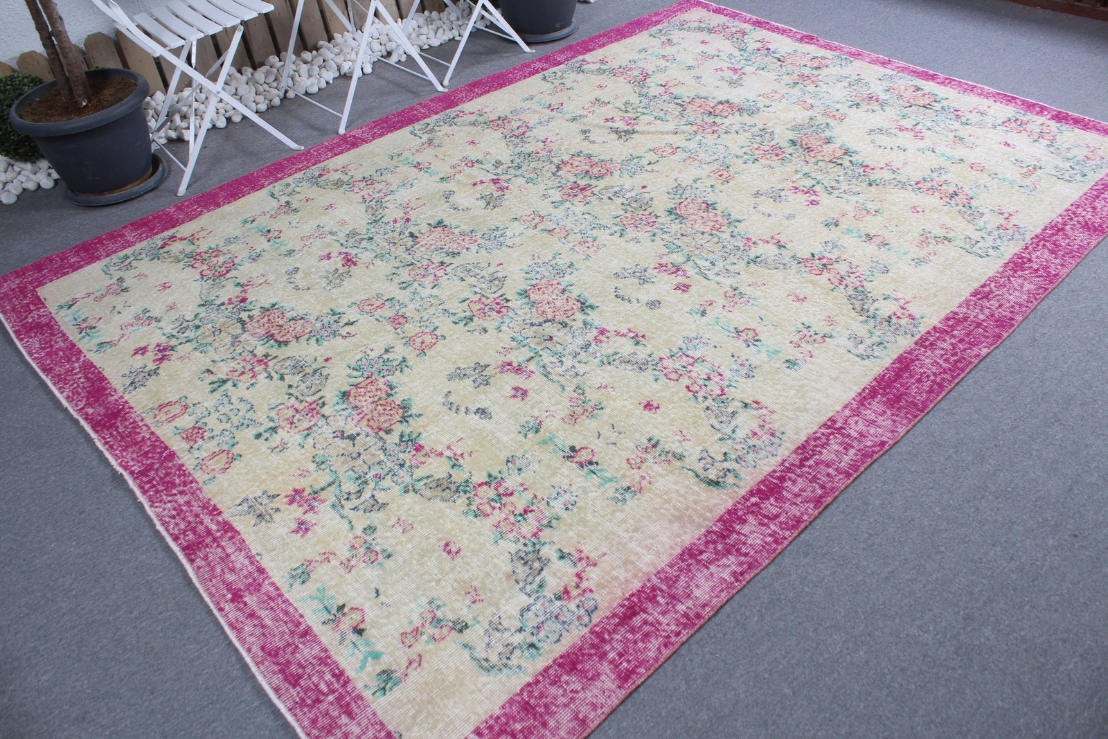 Turkish Vintage Rug, 6,9×9,7 ft Rug, Pink White Oriental Rug