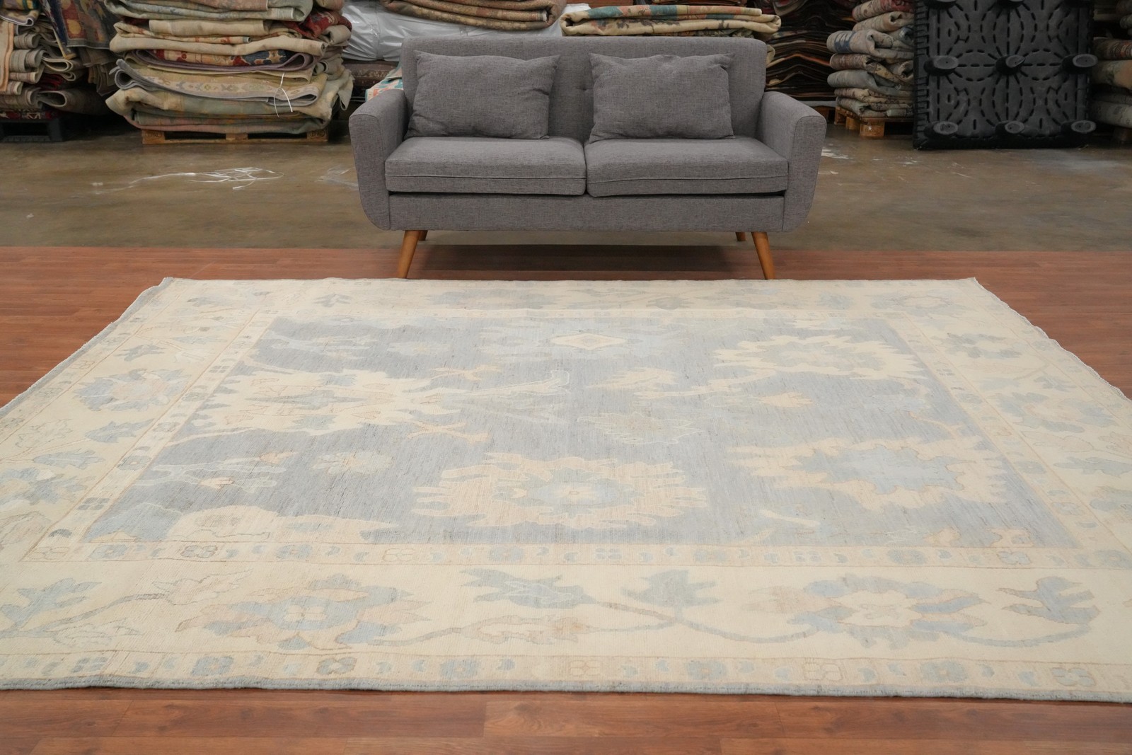 Vegetable Dye Transitional Oushak Area Rug 8×10 Ft Light Grey Floral Wool Carpet