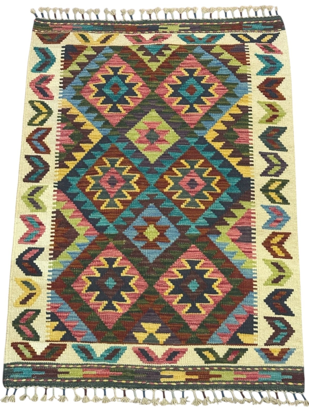 Hand-Woven Afghani Kilim Wool Rug 2’11” x 4’1″