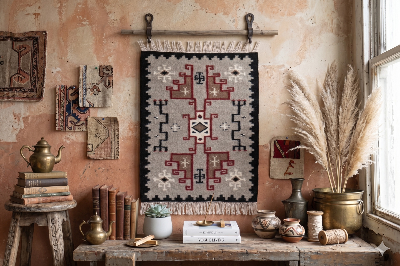 4×7 ft Navajo Kilim Rug Handwoven Ivory Grey Southwestern Wool Flatweave Rug