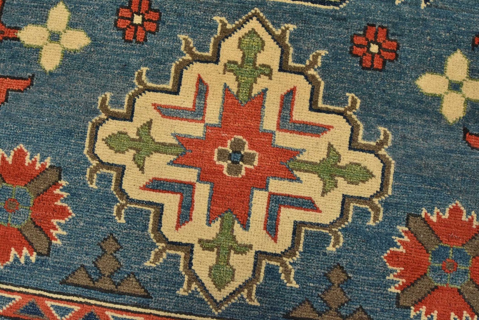 Kazak Rug 4′ x 5’11” Blue Wool Tribal Geometric Hand-Knotted Oriental Carpet