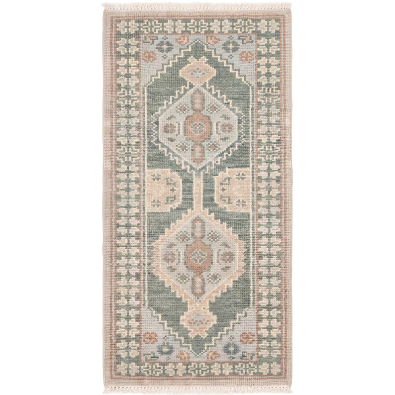 Hand Knotted Oushak Runner Rug Wool Sage Green Vintage Turkish Hallway Carpet