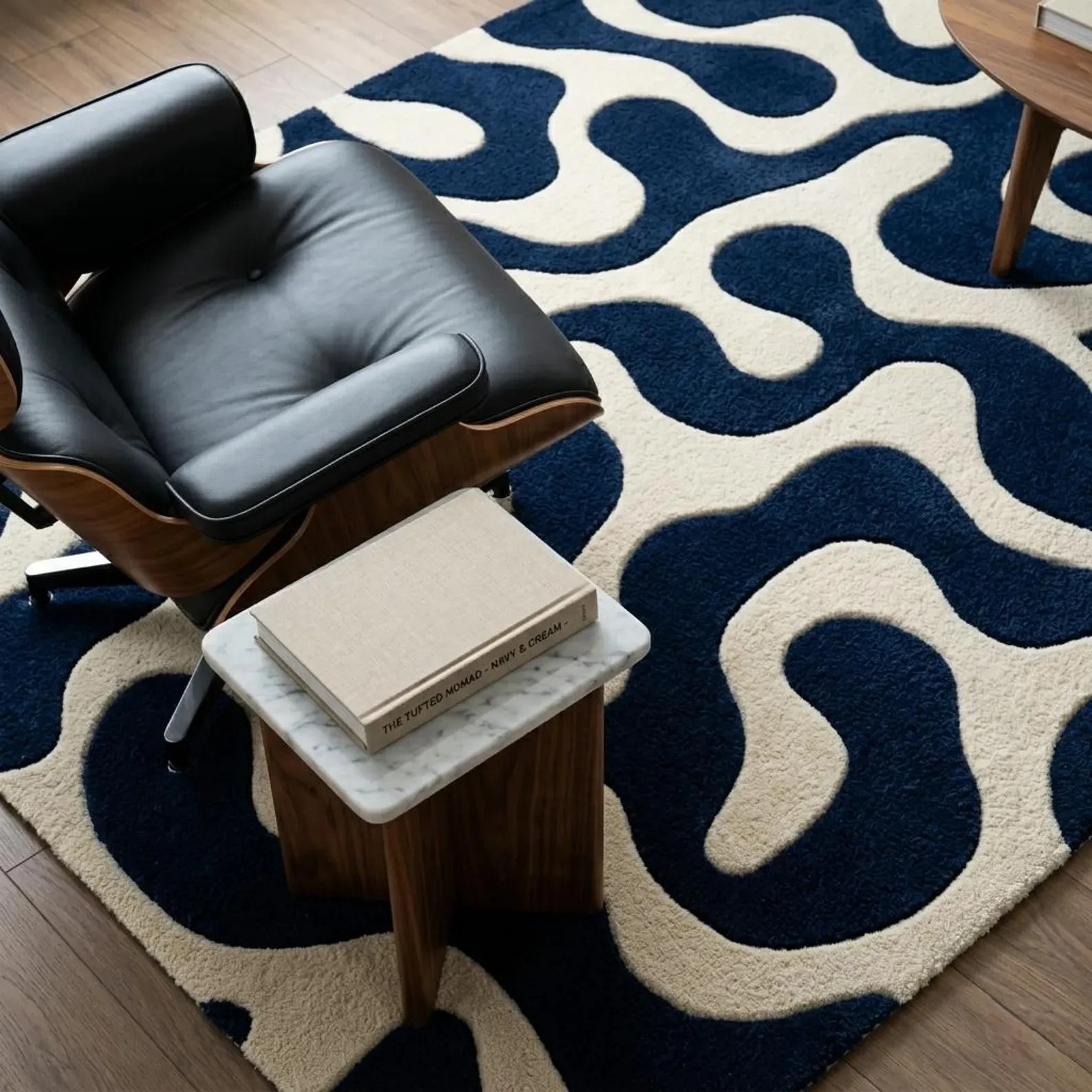 New Modern Hand Tufted Abstract Wave Rug – Navy Blue Ivory Irregular Area Carpet