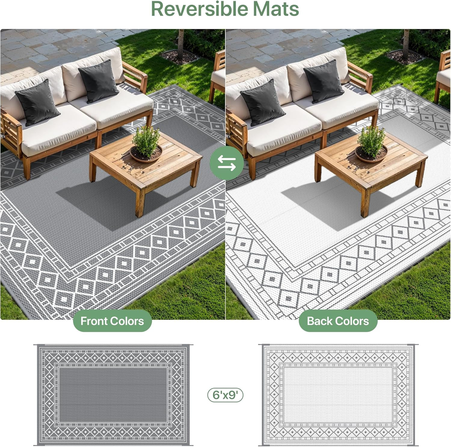 Outdoor Rug Waterproof for Patio Decor, 6’X9′ Reversible Plastic Straw Area Carp