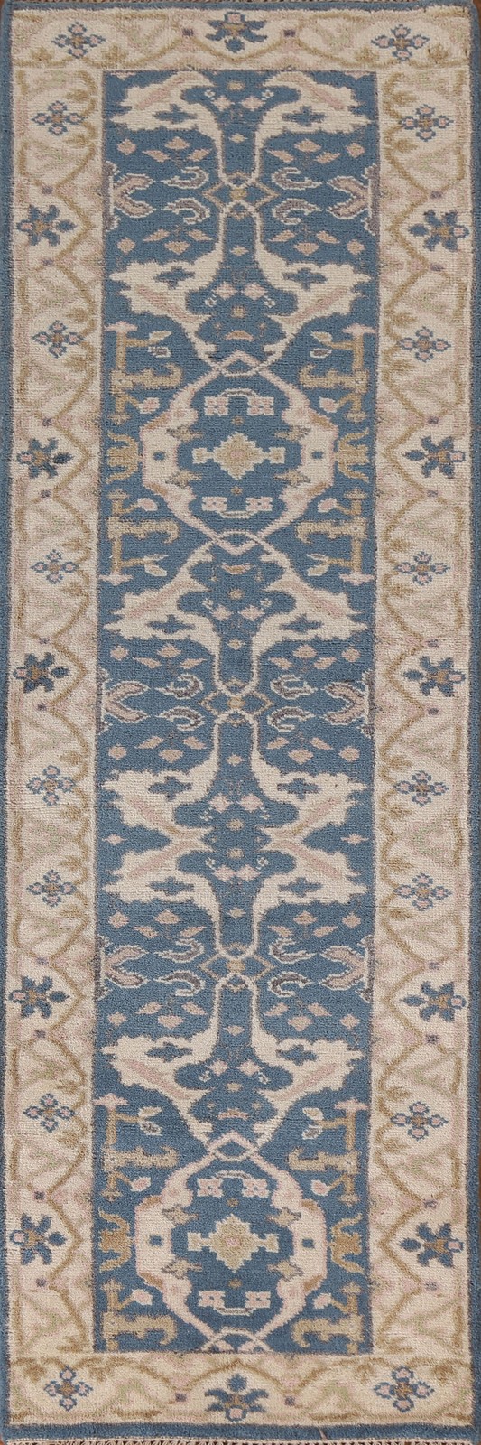Blue Oushak Indian Runner Rug 3×10 Handmade Wool Geometric Oriental Carpet