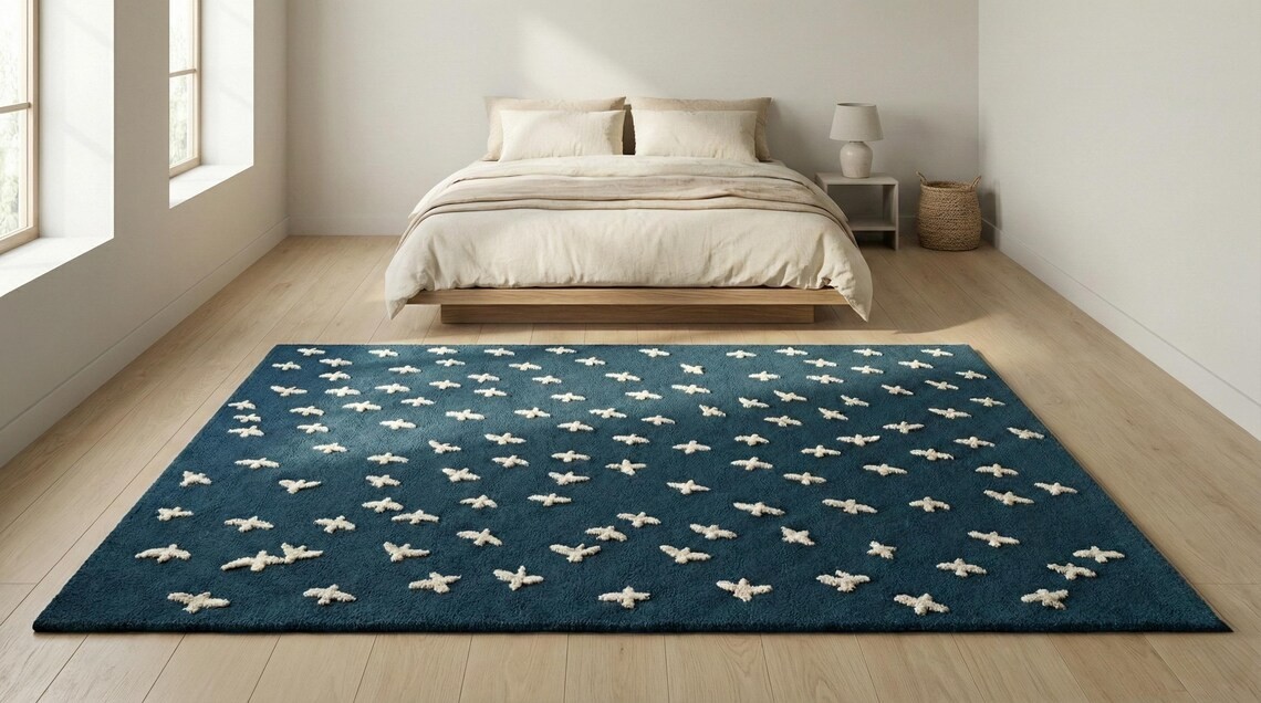 Hand Tufted Wool Rug [Size] Blue Cream Bird Pattern Modern Thick Area Carpet