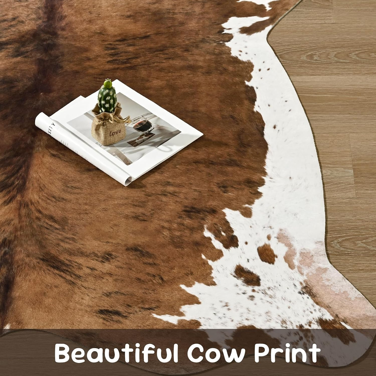 Faux Cowhide Print Rug for Living Room, 4.6 X 5.2 Ft Brown Western Animal Cow Hi