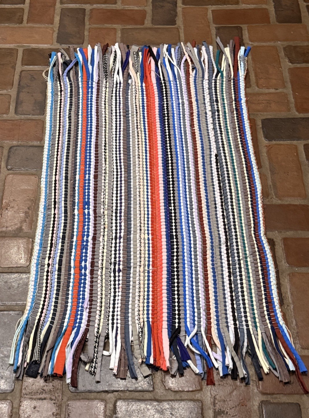 Vintage Hand Loomed Multicolor Scrap Fabric Bohemian 1970s Rag Rug 43×23.5”