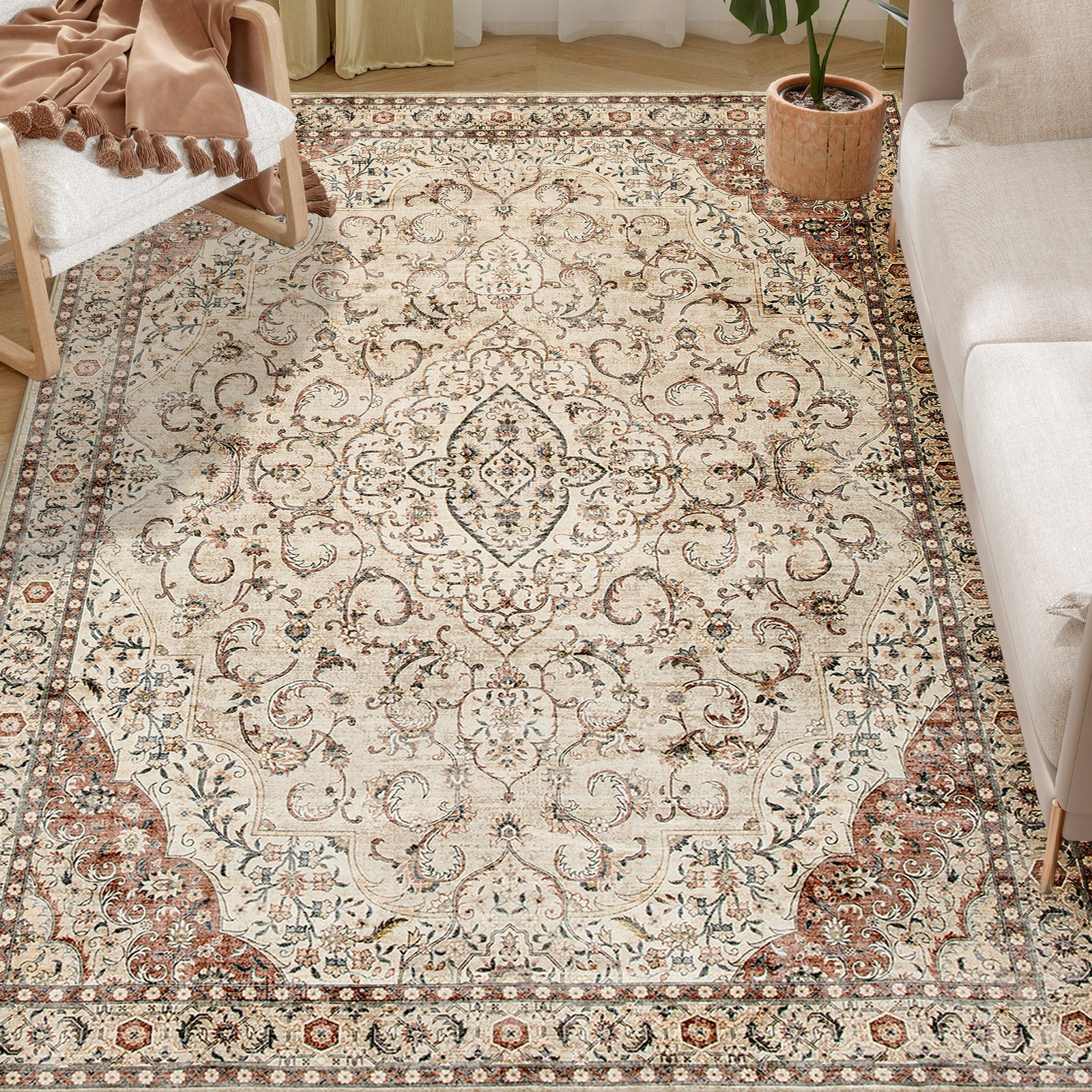 HOMCOM Machine Washable Area Rug 8×10, Non-Slip Floor Carpet, Mixed-Brown