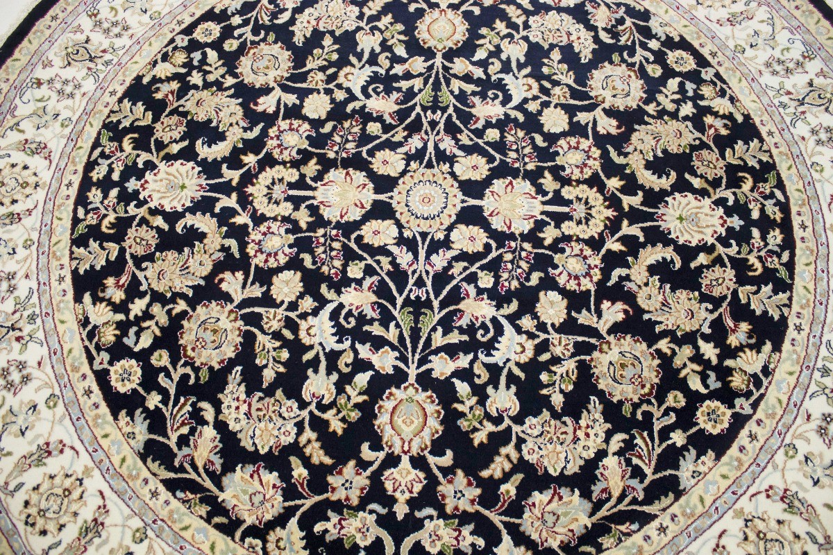 7X7 Handmade Indo-Nain Dark Navy Floral Design Round Oriental Rug Room Carpet