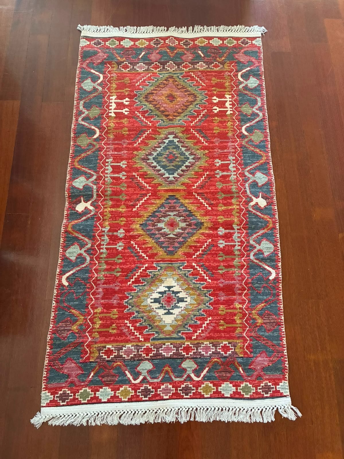 Reversible 3×5 Kilim Rug Machine Woven Flat Weave Red Beige Blue Turkish Mat