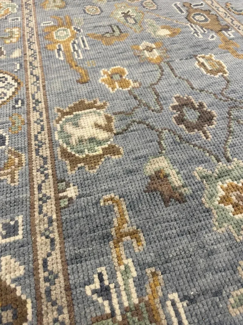 Hand Knotted Oushak Wool Rug Light Blue Beige Brown Floral Room Size