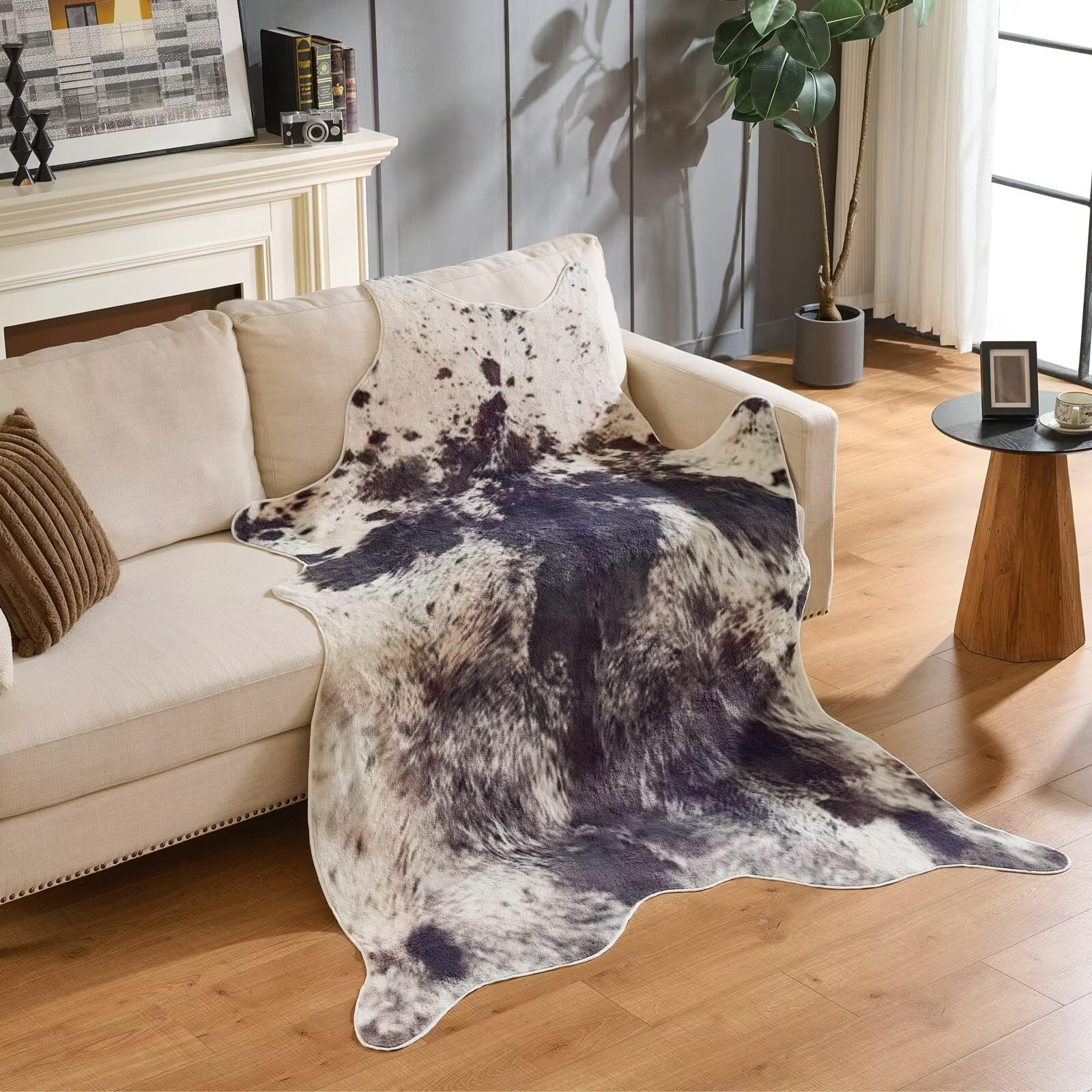 Premium Faux Fur Cowhide Rug Black White Cow Print Western 4.7 x 5.2FT