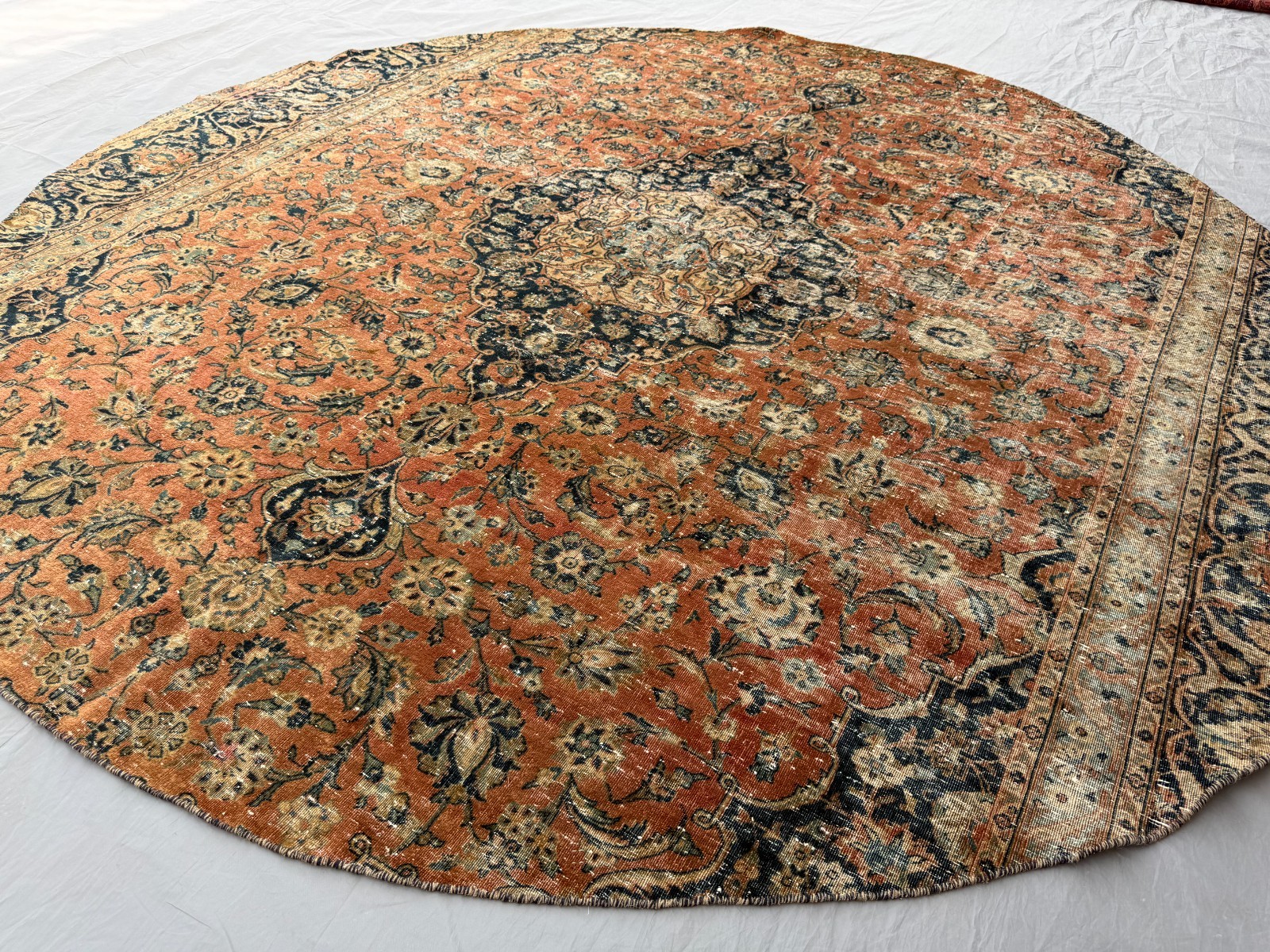 9×9 Distressed Caucasian Floral Medallion Wool Rug with Timeworn Square Design