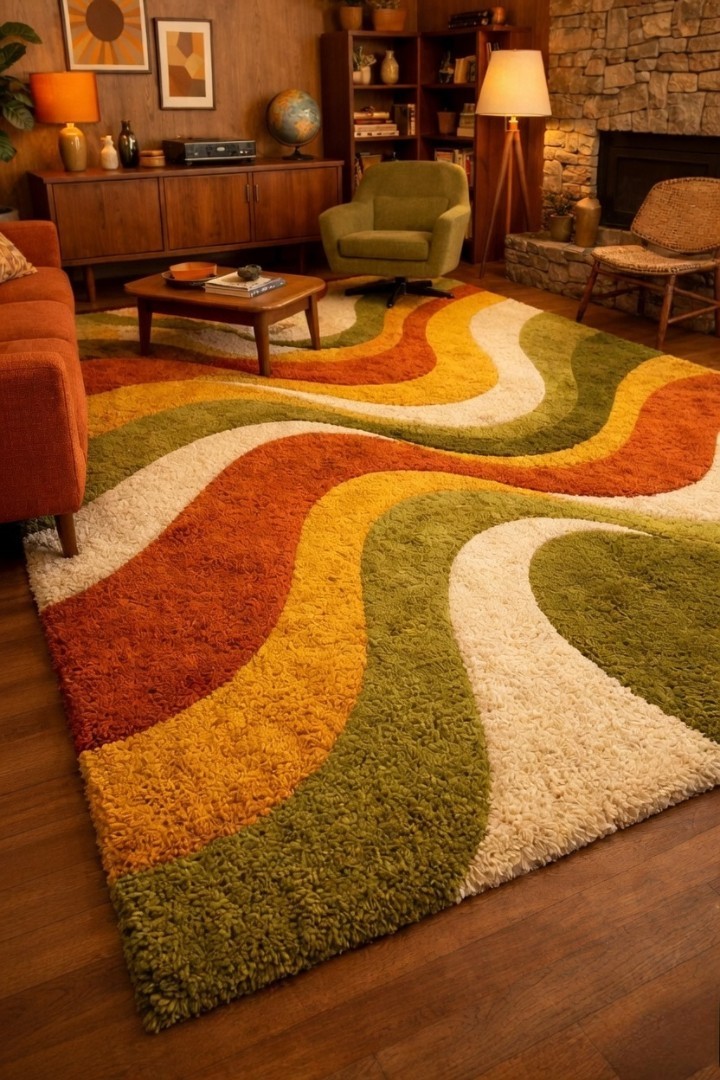 Retro Wavy Area Rug in Earth Tones – Mid-Century Modern Cozy Style