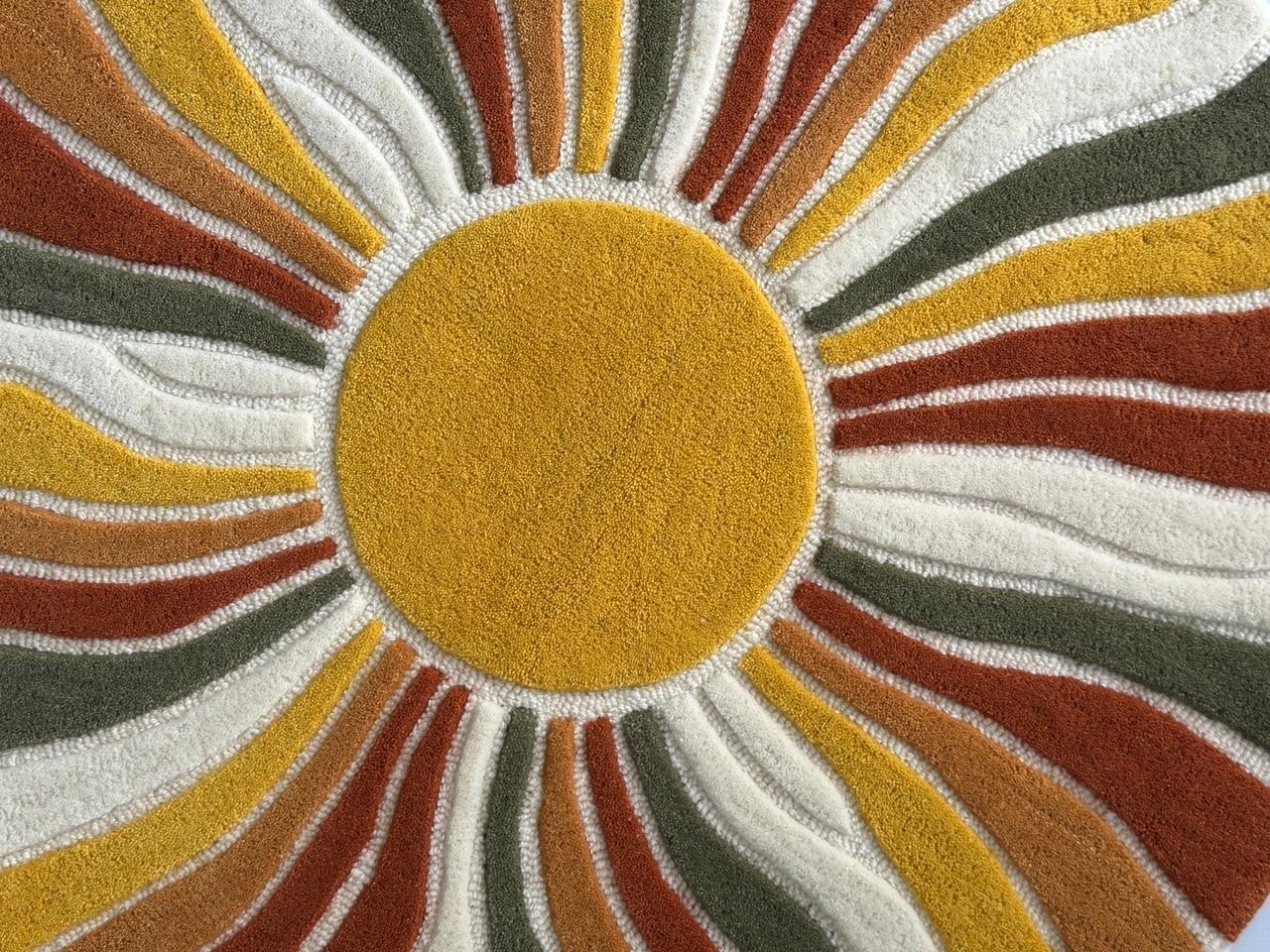 Sunburst Boho Wool Area Rug Mid Century Living Room