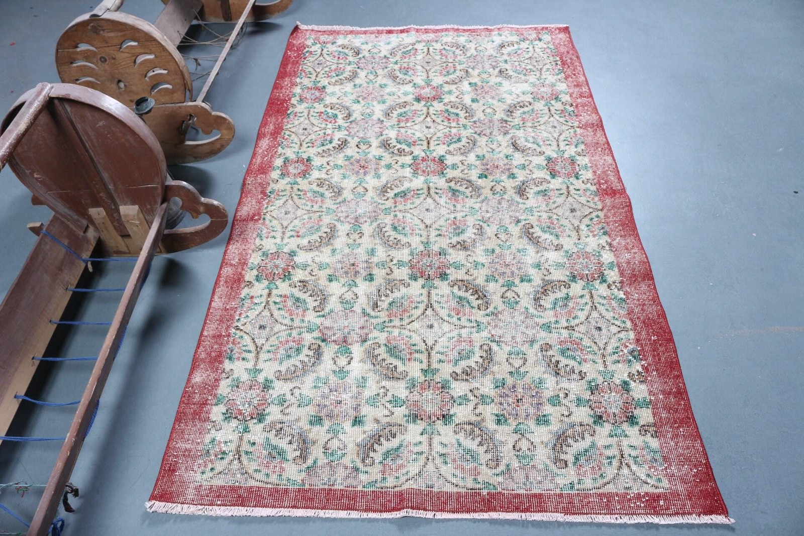 Vintage Turkish Rug, 3,8×6,46 ft Area Rug, Red Green Patchwork Wool Rug