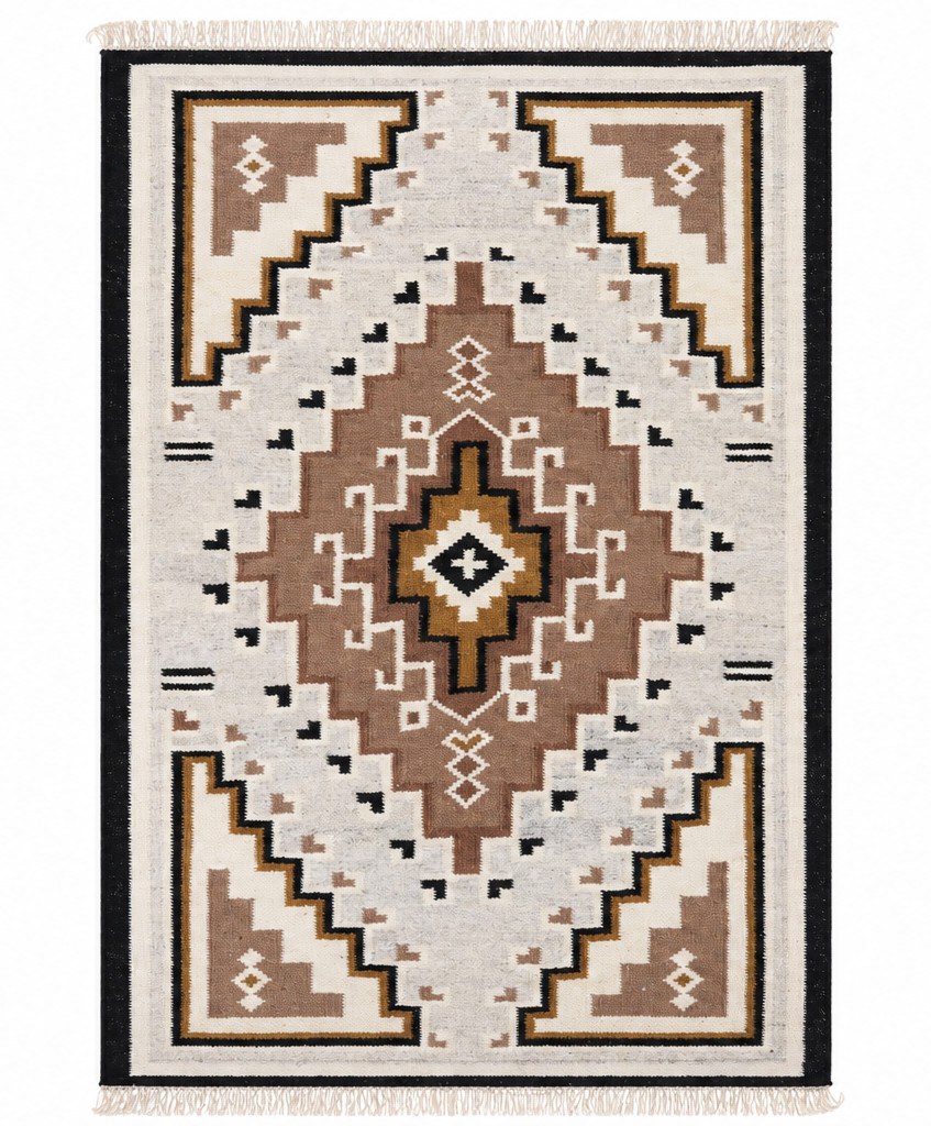 Navajo Medallion Kilim Rug Handwoven Ivory Brown Southwestern Wool Flatweave
