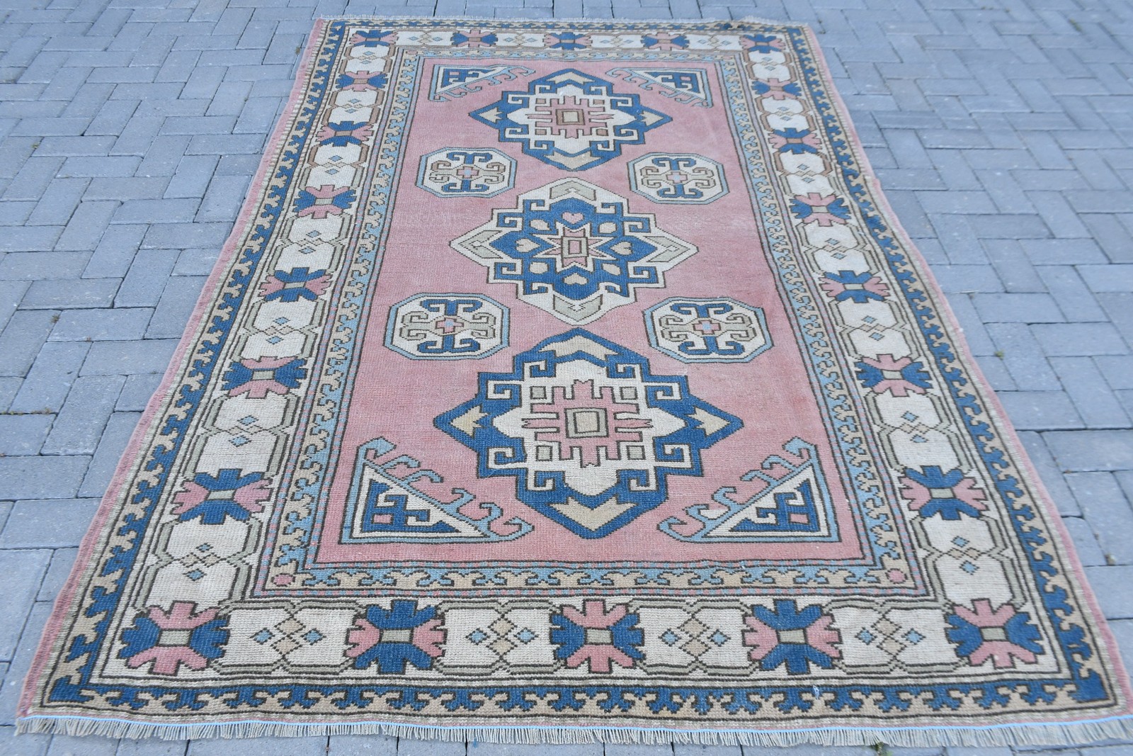 Turkish Vintage Area Rug 5,2×7,6 ft, Pink Wool Rug