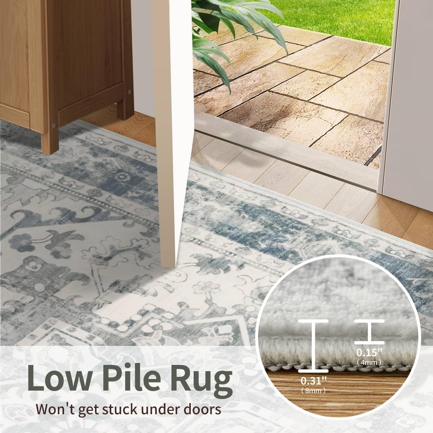 Area Rugs 5X7, Washable Rugs for Living Room, Vintage Boho Light Blue Rug for Of