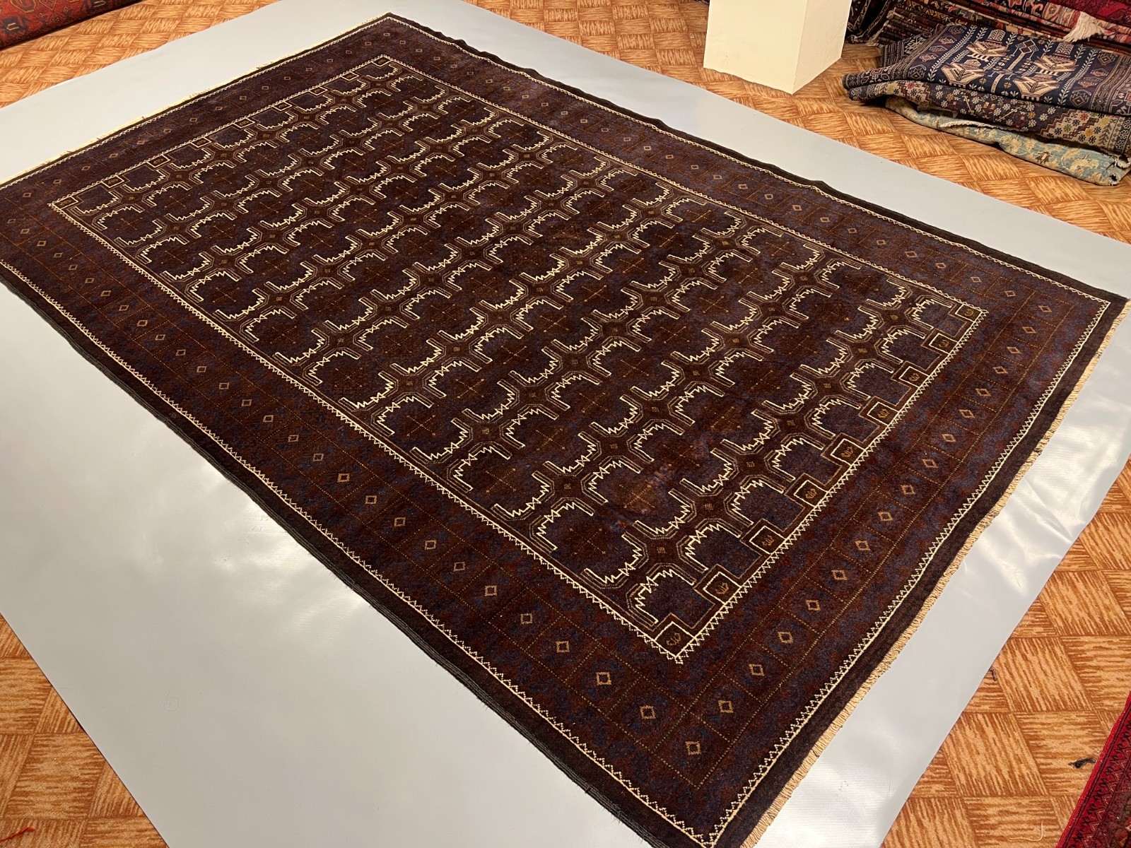 7’1 x 11’2 Ft Distinctive Afghan Baluchi Wool Rug Dark Brown Blue Geometric Rug