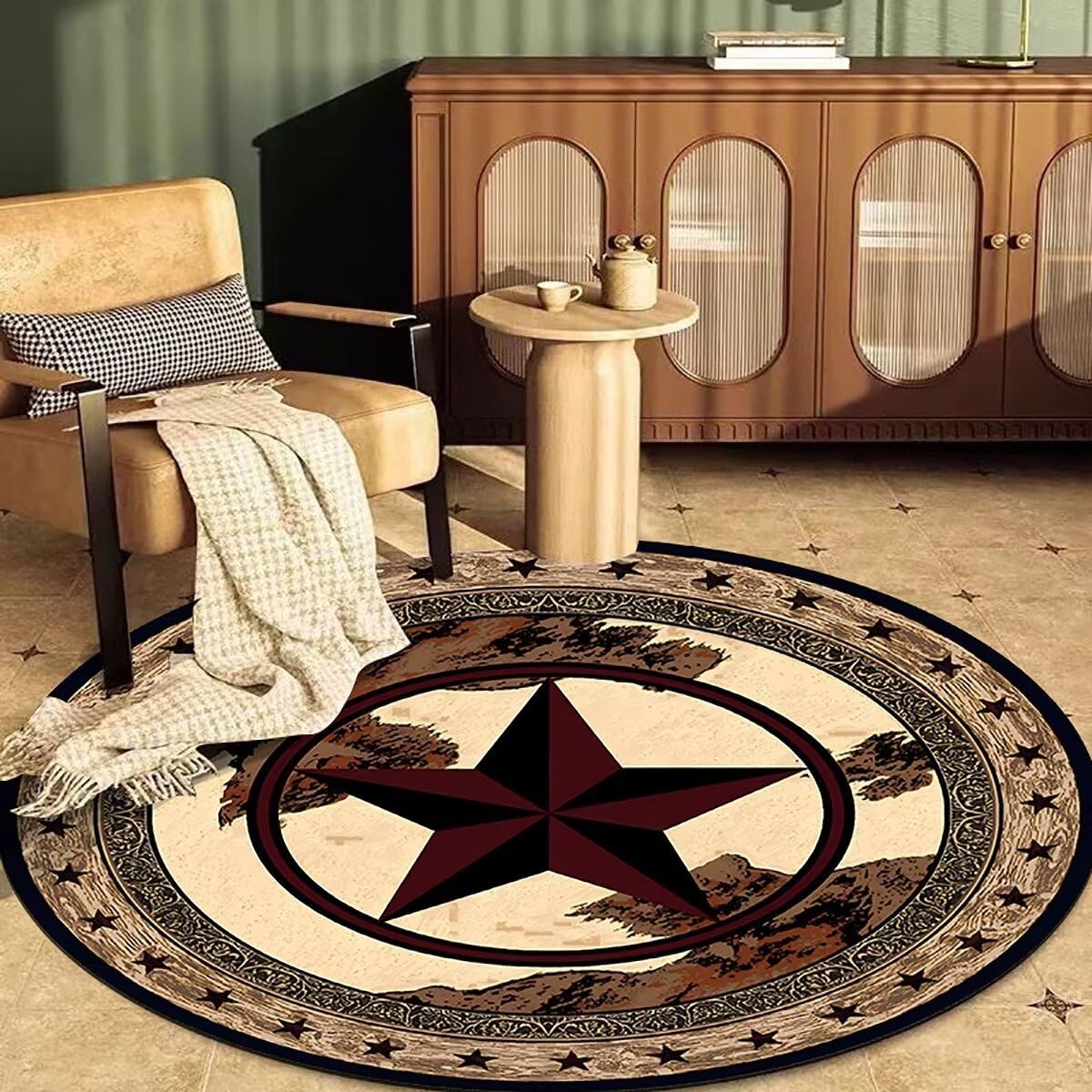 Round Rustic Texas Stars Area Rug 3Ft Western Cowboy Bordered Circular Rugs f…
