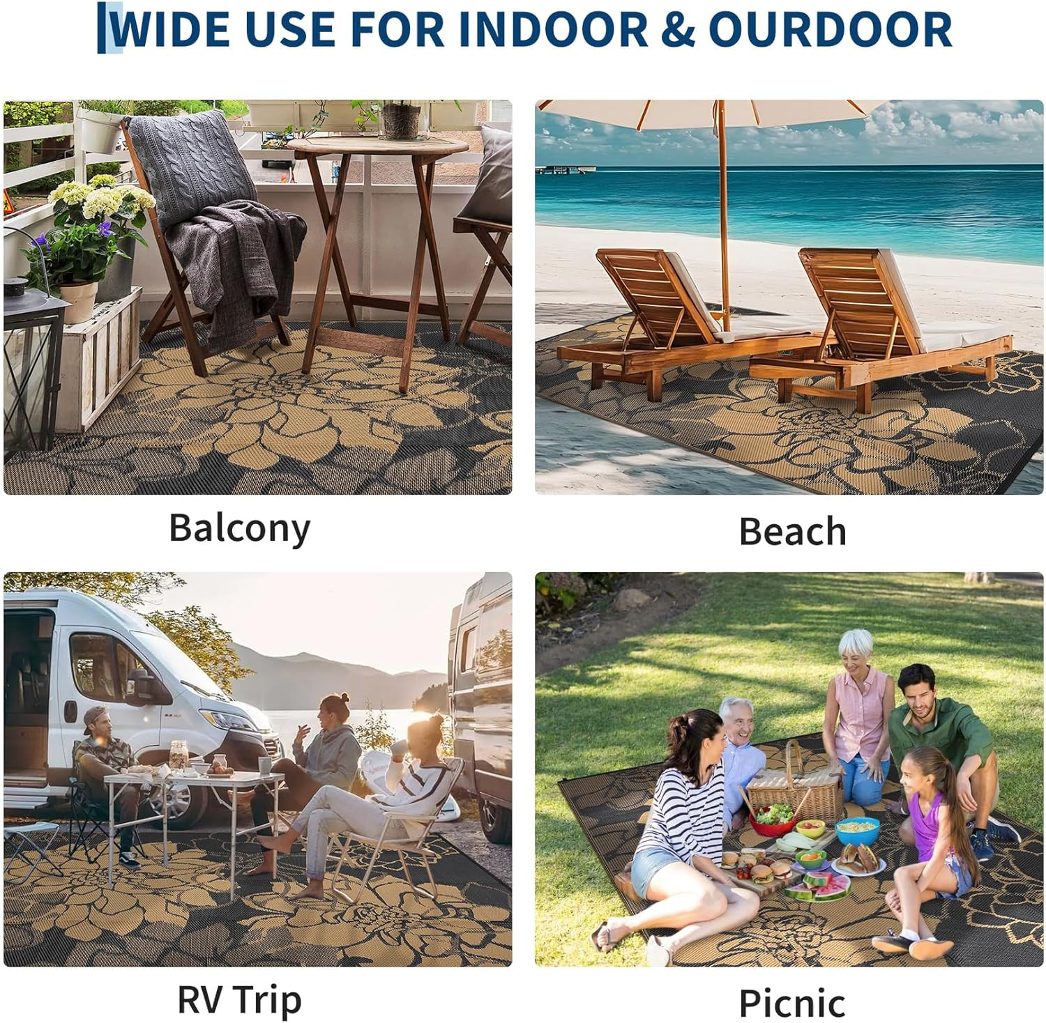 8×10 Outdoor Rug Waterproof Reversible Plastic Straw Patio Camping Mat Brown