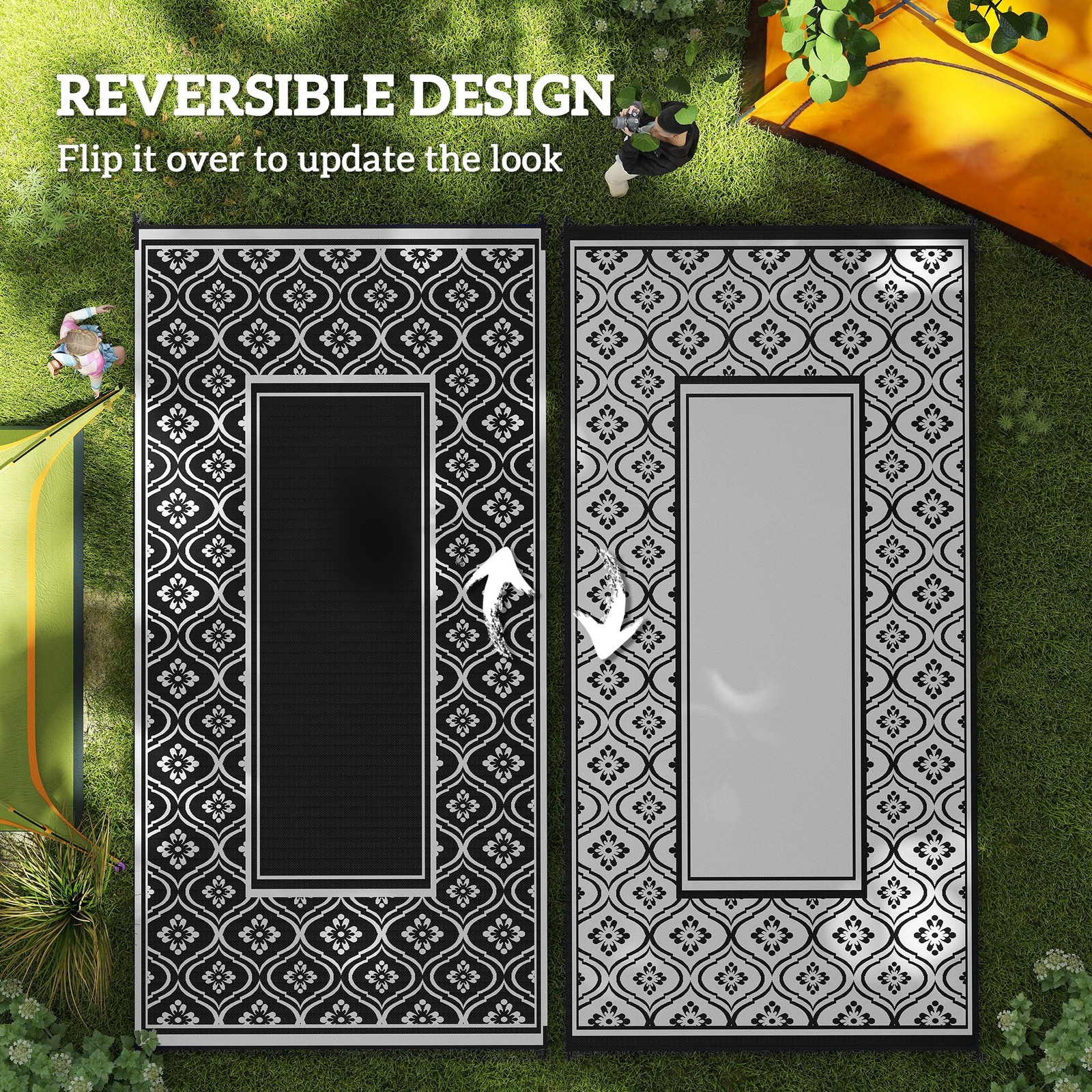 Outdoor Rug, 9′ x 18′ Floor Mat, Black White Gourd Border