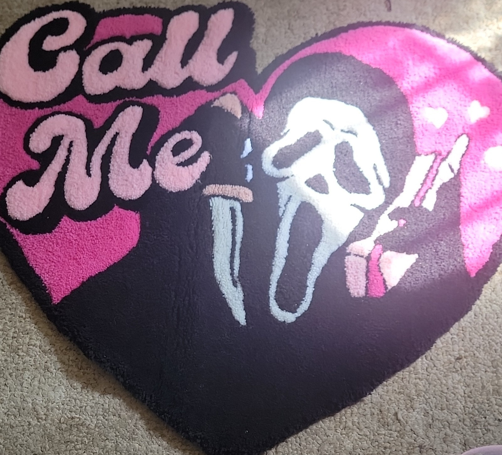 Heart-Shaped ‘Call Me’ Graphic Area Rug Pink Black White Bedroom Living Room
