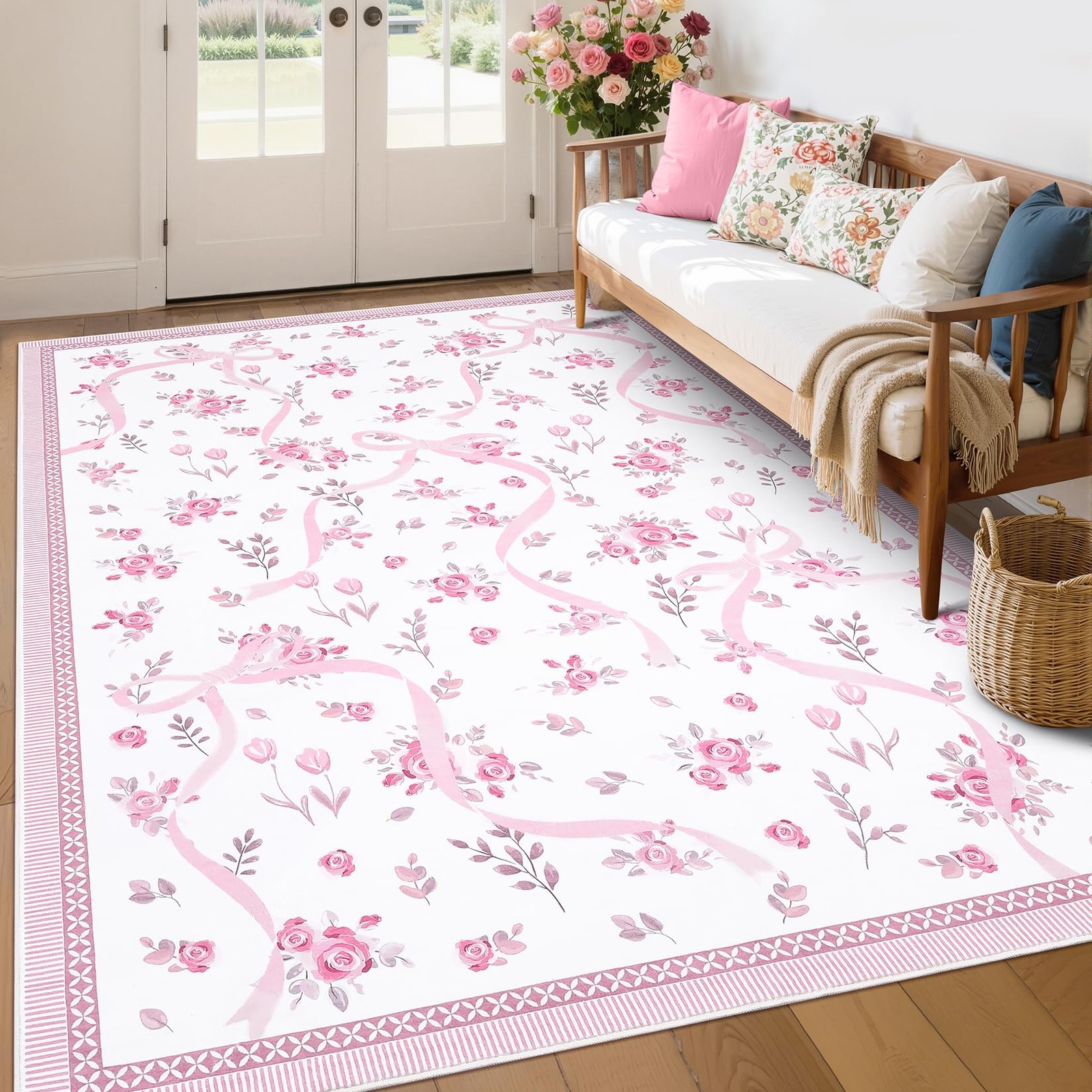 Garveehome Pink And White Bow Rugs For Bedroom Girls Washable Rug 6X9 For