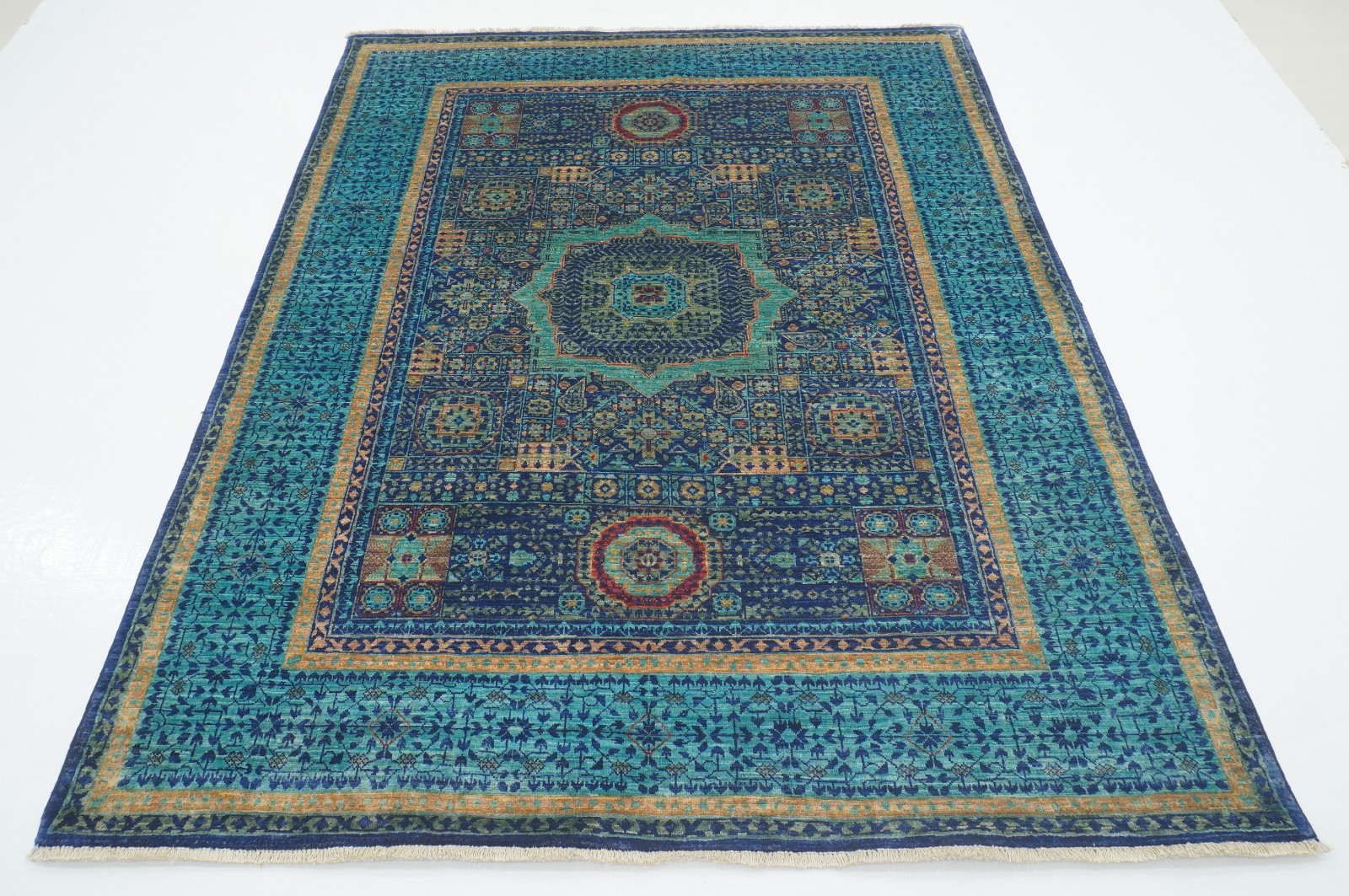 5×7 ft Blue Mamluk Afghan Hand Knotted Wool Medallion Rug
