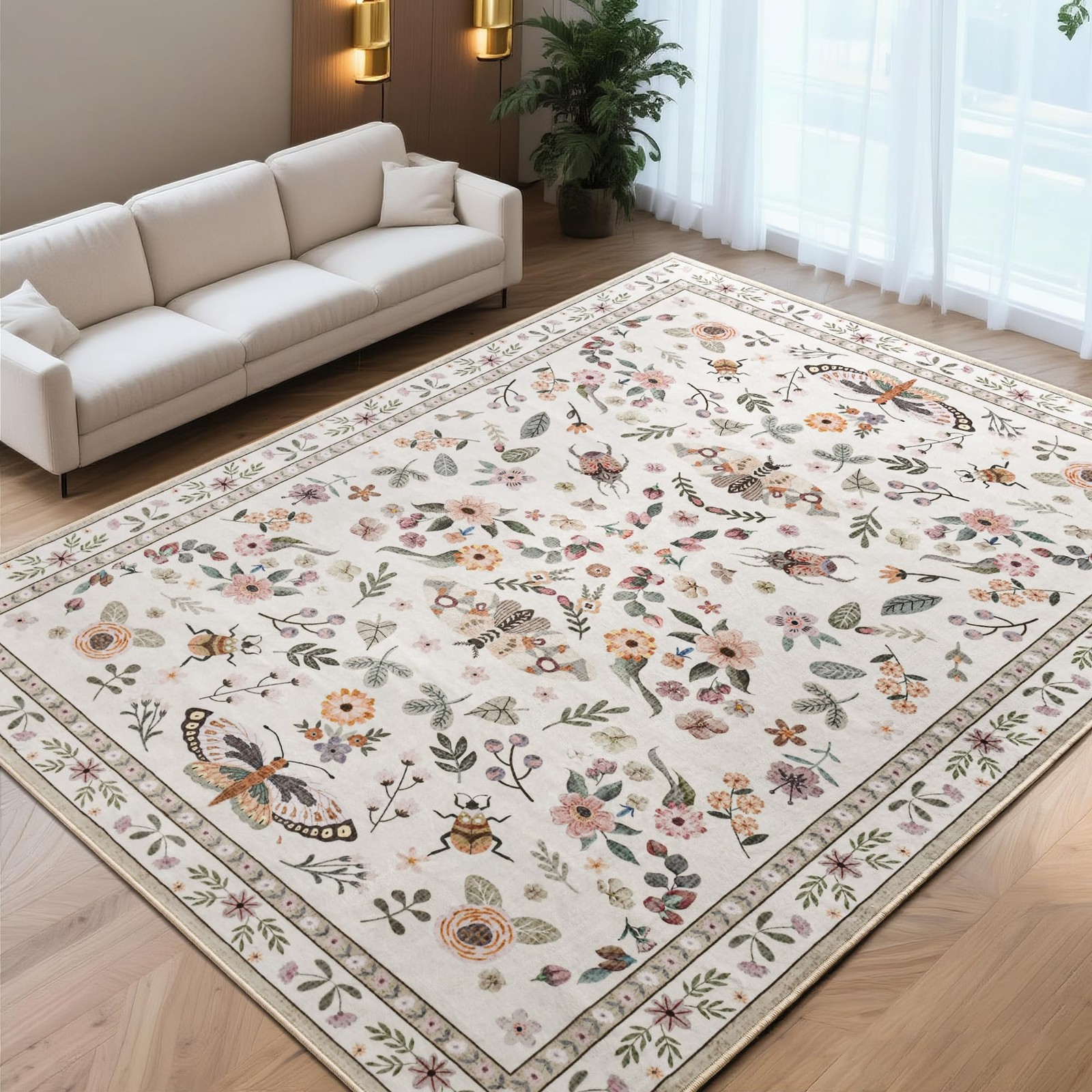 Washable Area Rugs for Living Room, 8×10 Non-Slip Butterfly Floral Print Thro…