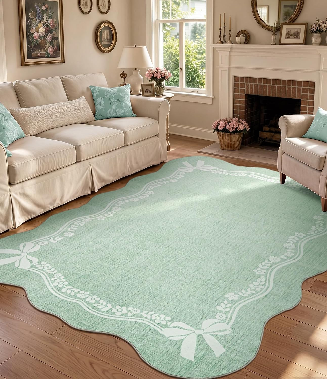 5’X7′ Area Rug Sage Green Bow Scalloped Nursery Rug, Cute Princess Girls Bedroom