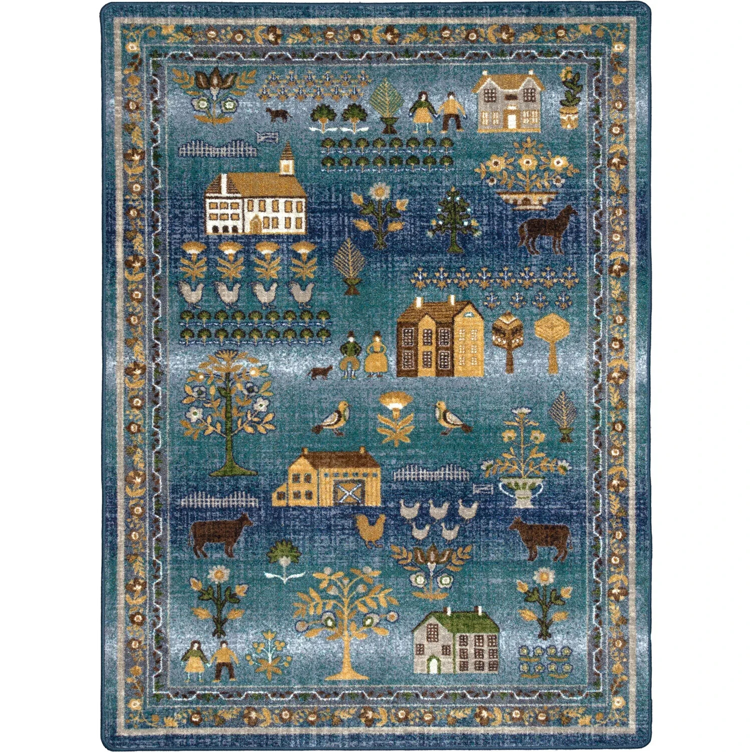 Saltbox Houses Denim Blue Multi Primitive Country Farmhouse Area Rug 8’x11′