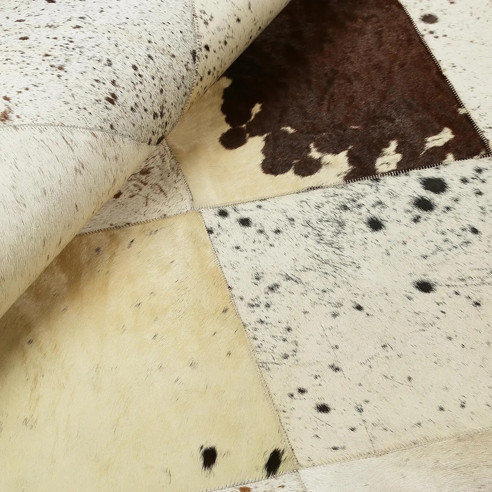 Handmade White Brown Cowhide Patchwork Rug Hair on Hide Leather Area Carpet