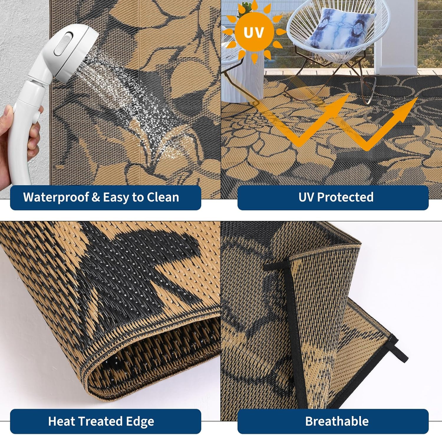 8×10 Outdoor Rug Waterproof Reversible Plastic Straw Patio Camping Mat Brown