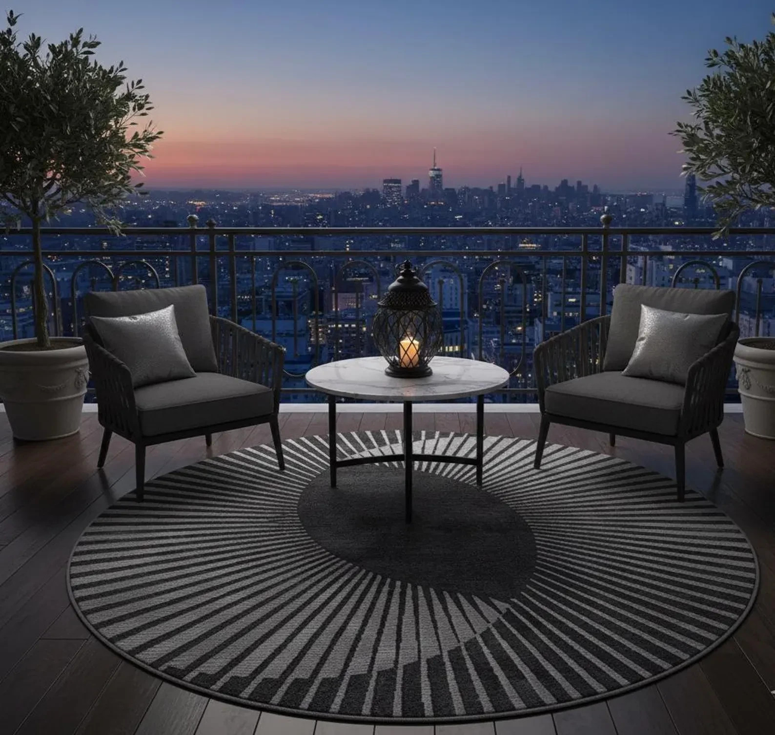 Modern Round Sunburst Rug, Hand Tufted New Zealand Wool Carpet, Black Grey Geome