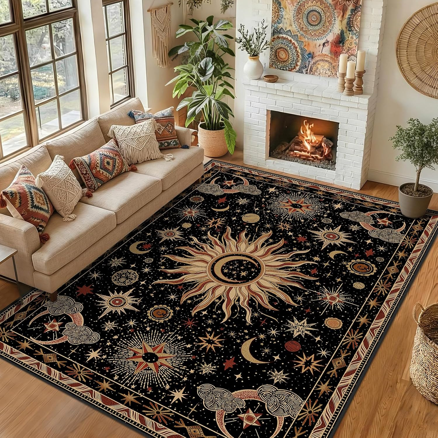 8X10 Area Rugs, Washable Vacuum-Friendly Non-Slip Rug Vintage Boho Gothic Sun an