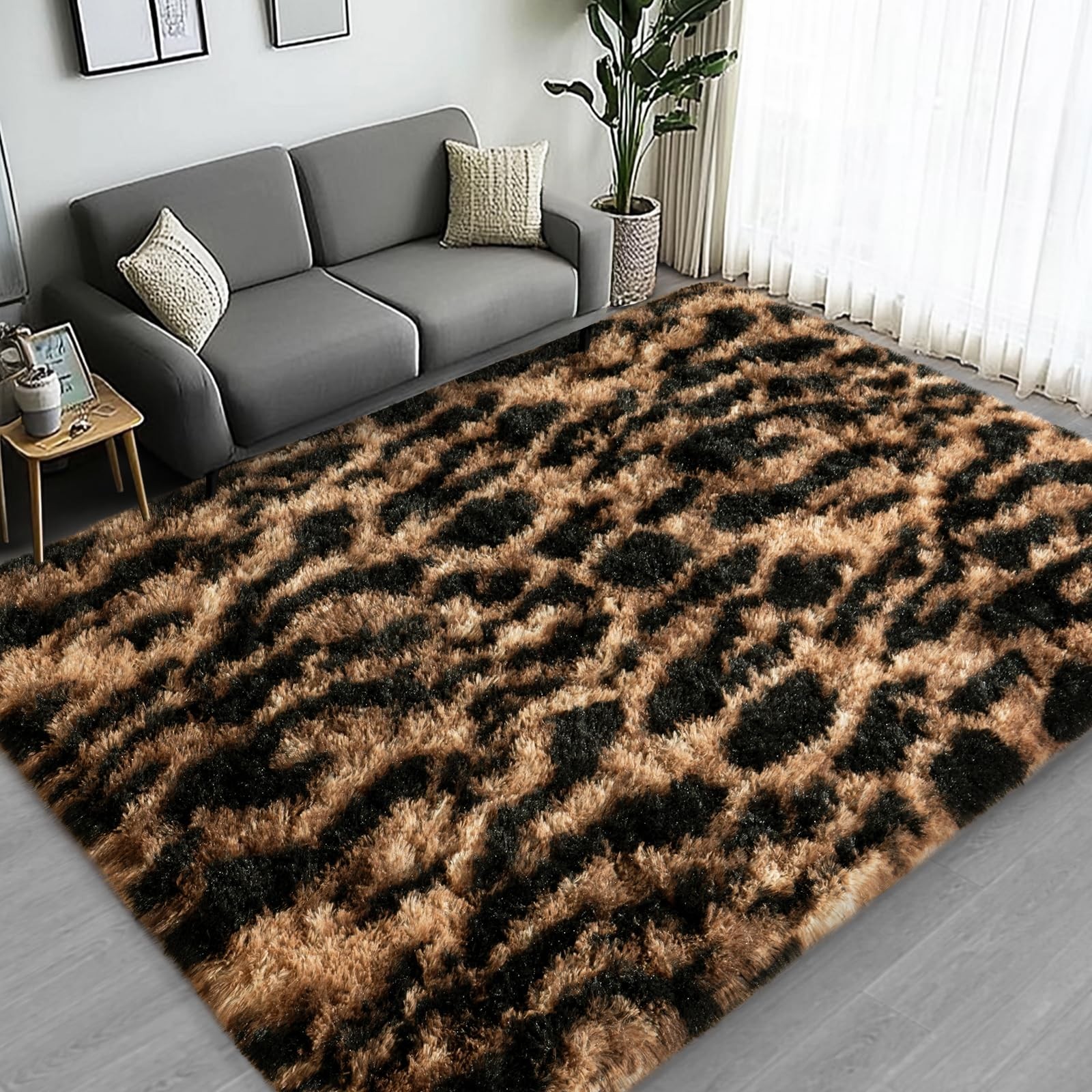Lairep Large Area Rugs For Living Room Bedroom 4X6 Feet Leopard Fluffy Shag