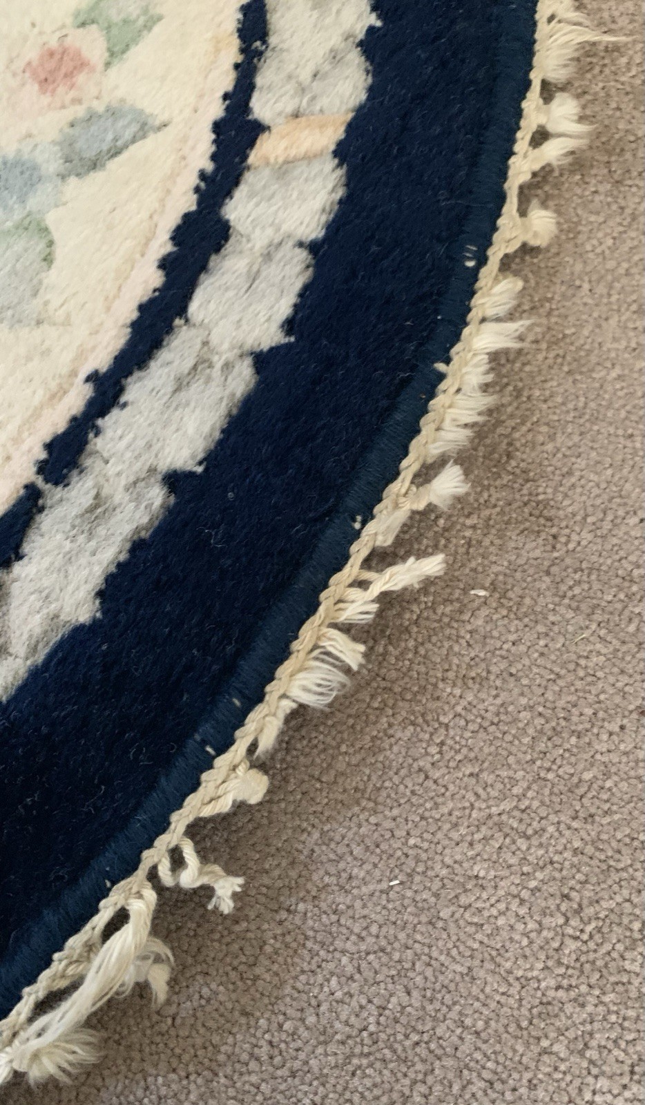 Vtg 100% Wool Pile Rug 48” Round Hand Knotted Chinese Art Deco Blue Cream