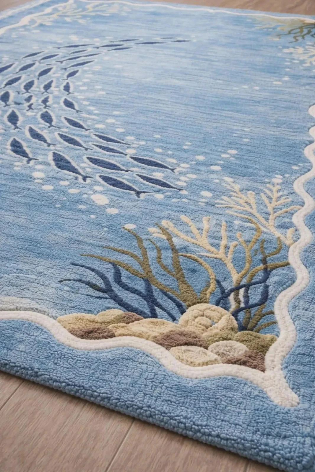 Handmade Wool Area Rug, Nautical Ocean Fish Pattern, Modern Coastal Room Carpet