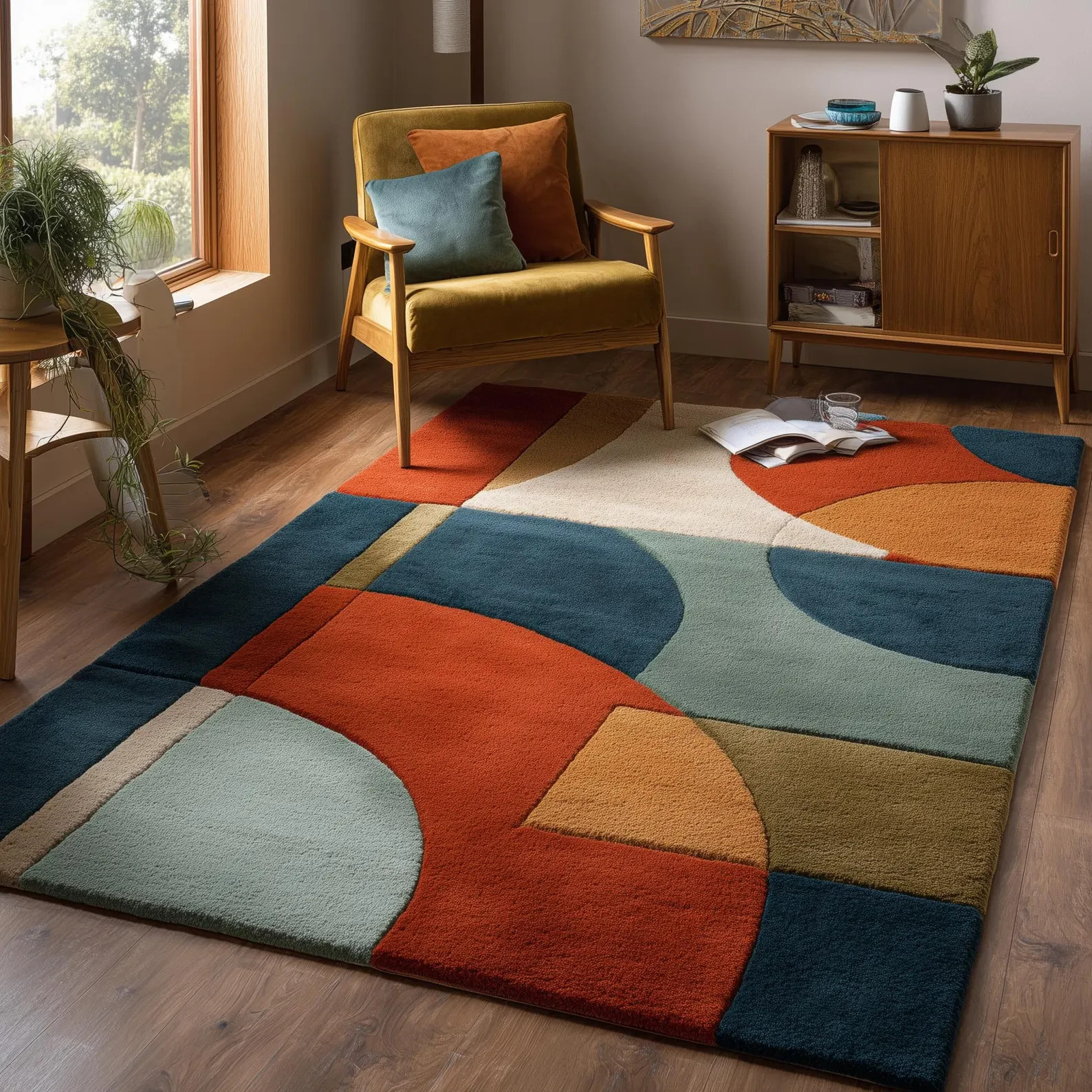 Handmade Modern Geometric Wool Area Rug – Mid Century Burnt Orange Teal Teppich