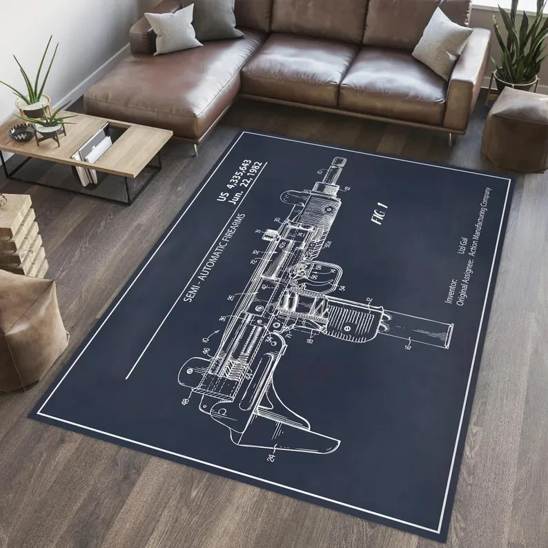 Uzi Rifle Rug, Gamer Room Carpet, Machine Gun Style Rug, Boys Room & Man Cave De