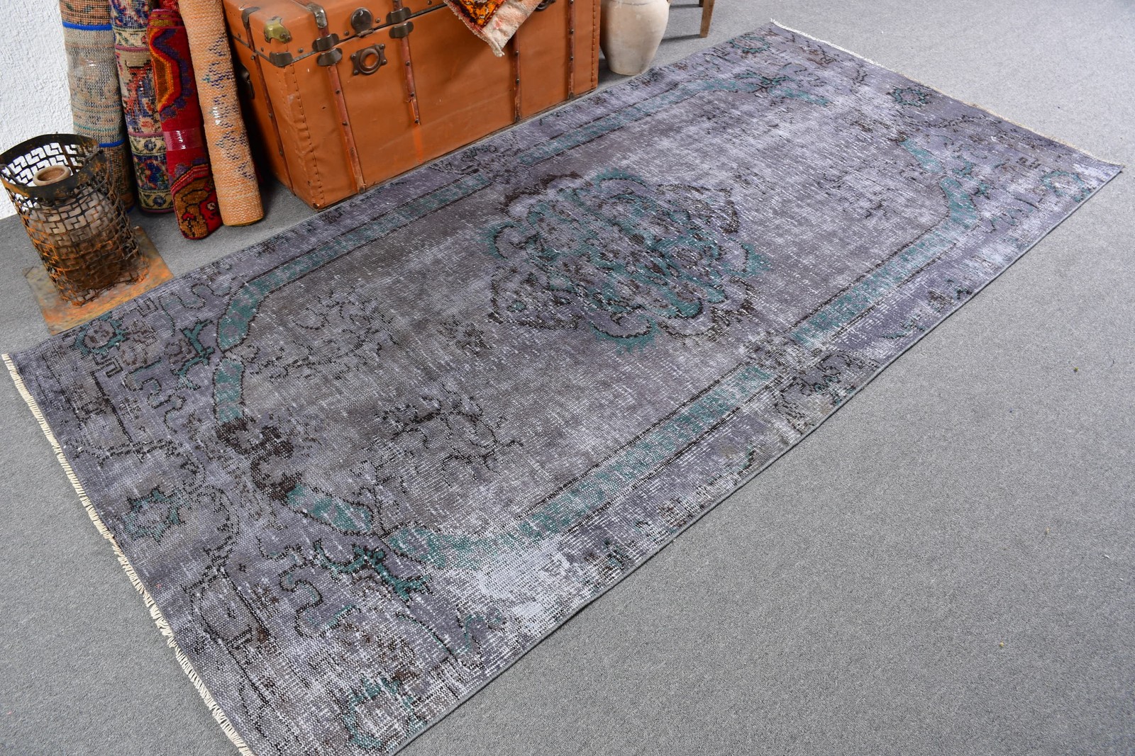 4,1×8,5 ft Turkish Rug, Gray Plants & trees Vintage Wool Rug