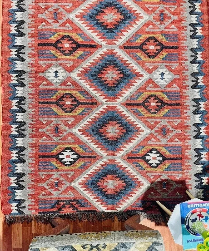 Kilim Rug Rectangle Handmade Wool – Jute Rustic Look India Traditional Carpet