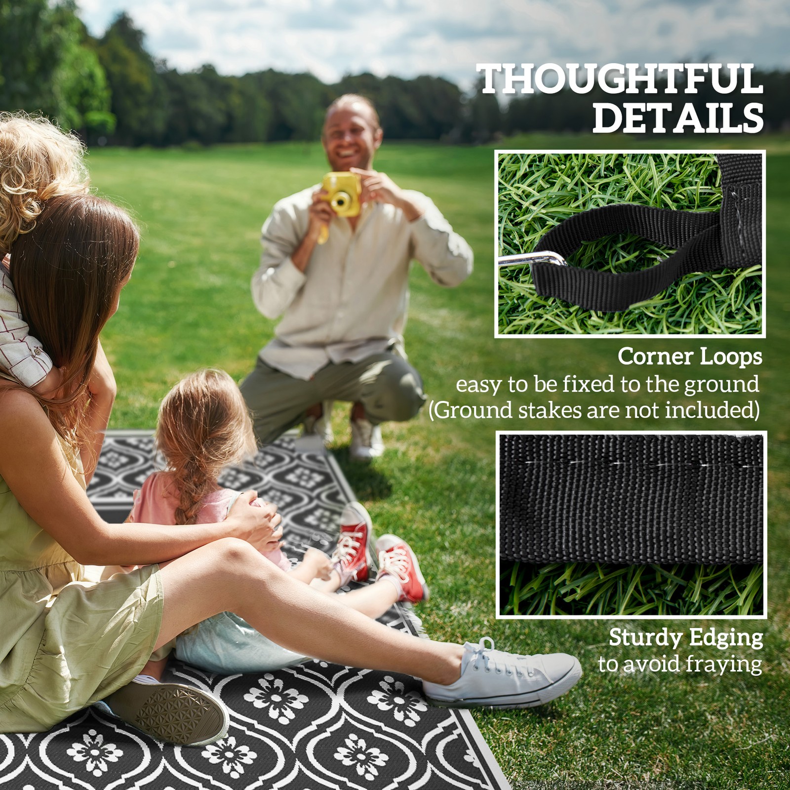 Outdoor Rug, 9′ x 18′ Floor Mat, Black White Gourd Border